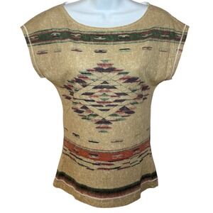 Lauren Jeans Co Ralph Lauren Aztec Geometric Tan Top Womens XS Round Neck S/S
